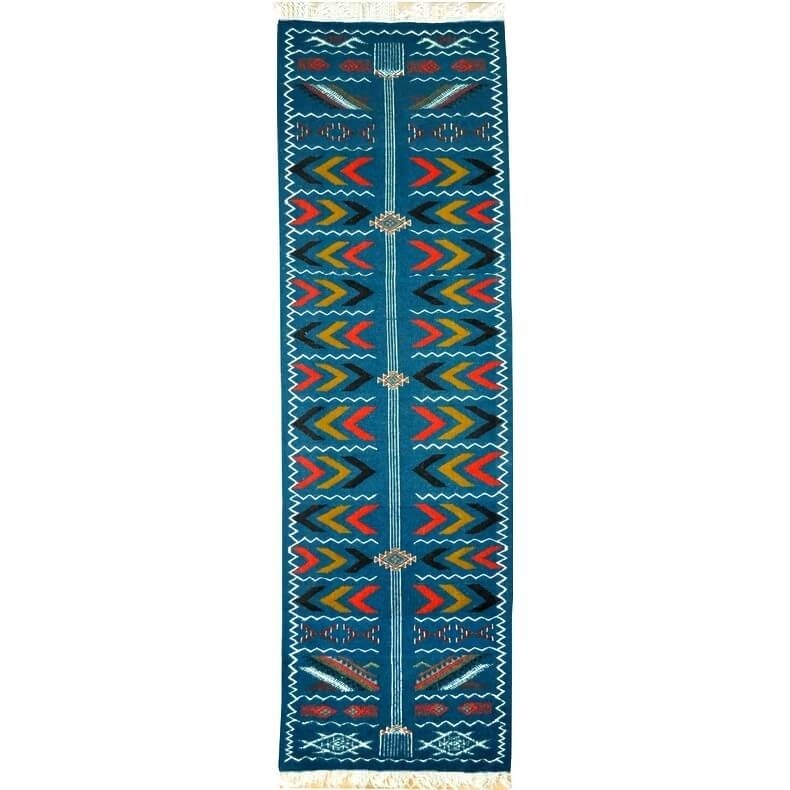 Berber Teppich Teppich Kelim lang Ben Aoun 65x230 Blau (Handgewebt, Wolle, Tunesien) Tunesischer Kelim-Teppich im marokkanischen