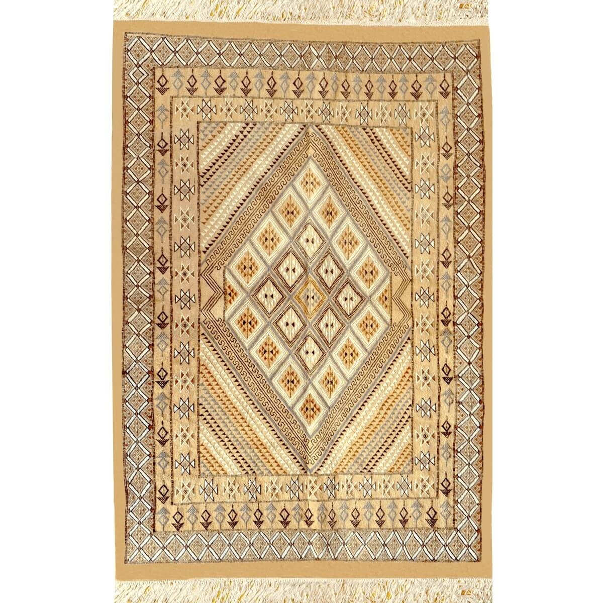 Tapete berbere Grande Tapete Margoum Farhan 160x250 Bege (Artesanal, Lã, Tunísia) Tapete Margoum tunisino da cidade de Kairouan.