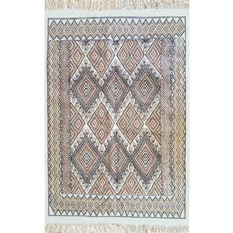 Tapis berbère Tapis Margoum Lina 140x210 Blanc/Marron (Fait main, Laine, Tunisie) Tapis margoum tunisien de la ville de Kairouan