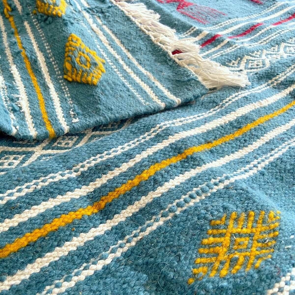 Berber Teppich Teppich Kelim Oued Zitoun 136x244 Türkis/Gelb/Rot (Handgewebt, Wolle) Tunesischer Kelim-Teppich im marokkanischen
