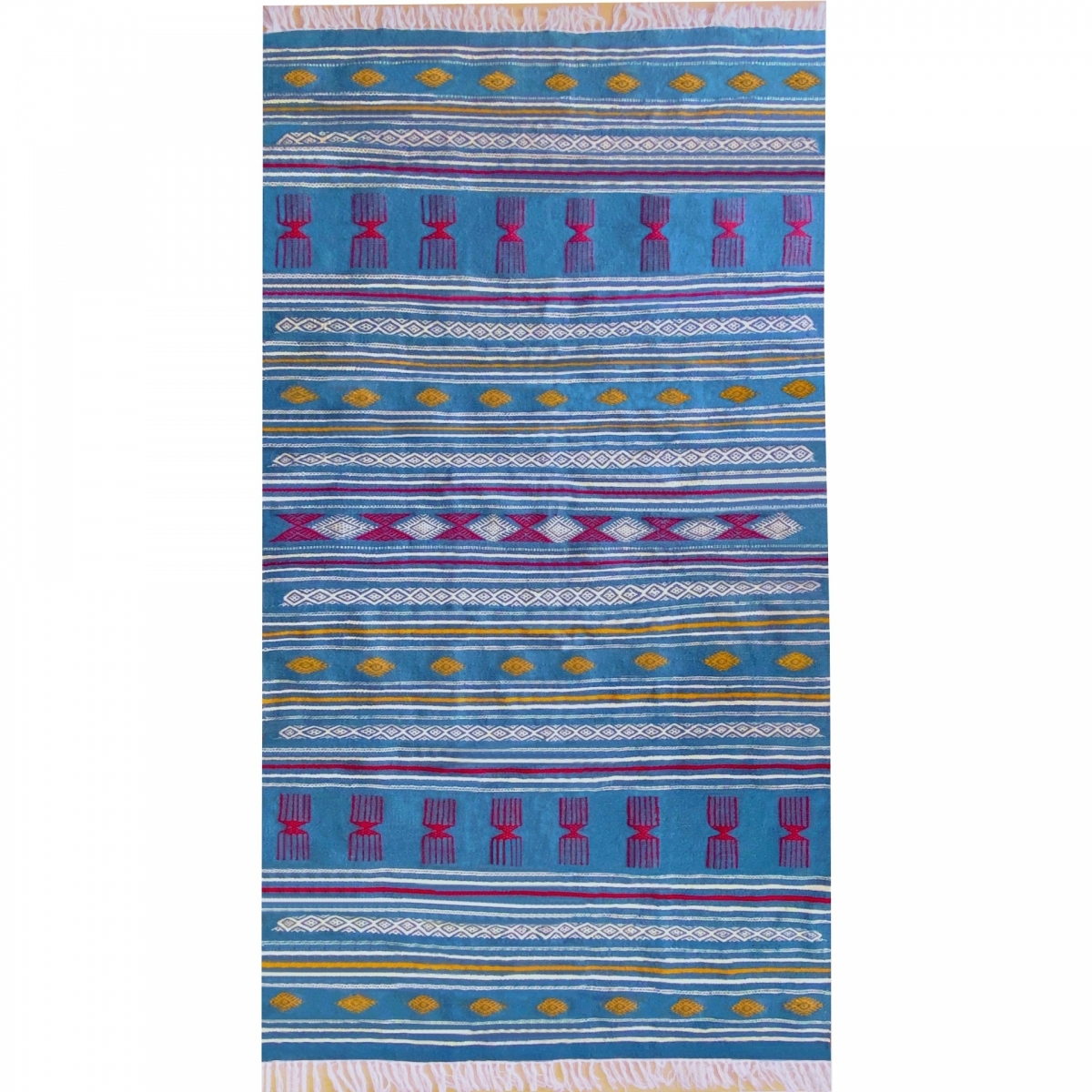 Berber carpet Rug Kilim Oued Zitoun 136x244 Blue turquoise/Yellow/Red (Handmade, Wool) Tunisian Rug Kilim style Moroccan rug. Re