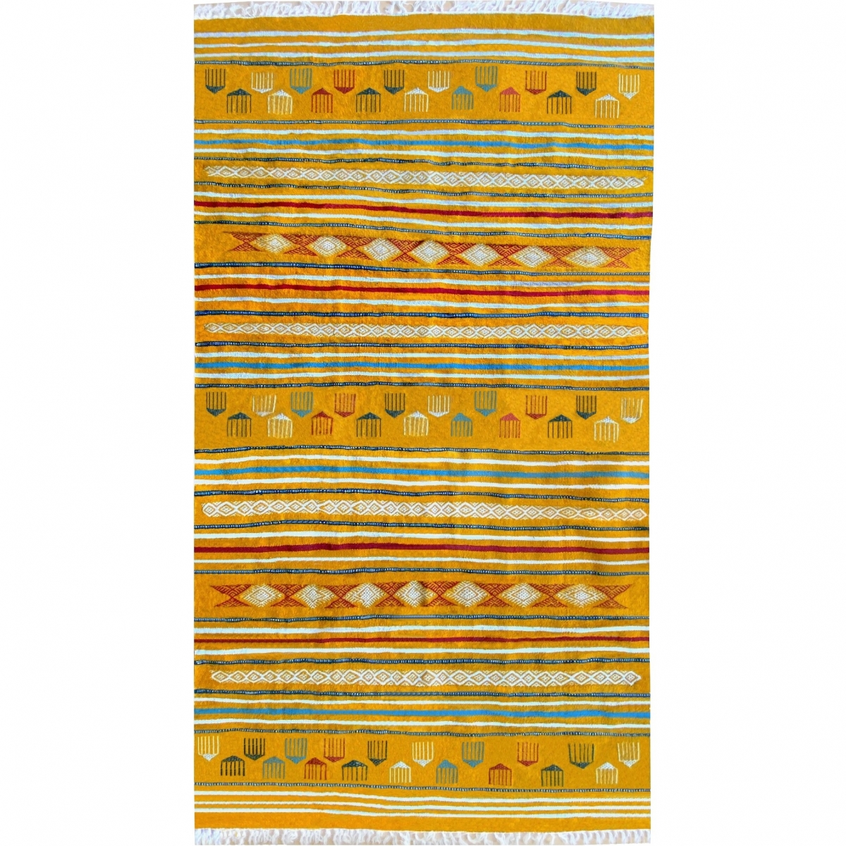Alfombra bereber Alfombra Kilim Sahraoui 144x258 Amarillo/Blanco (Hecho a mano, Lana) Alfombra kilim tunecina, estilo marroquí. 