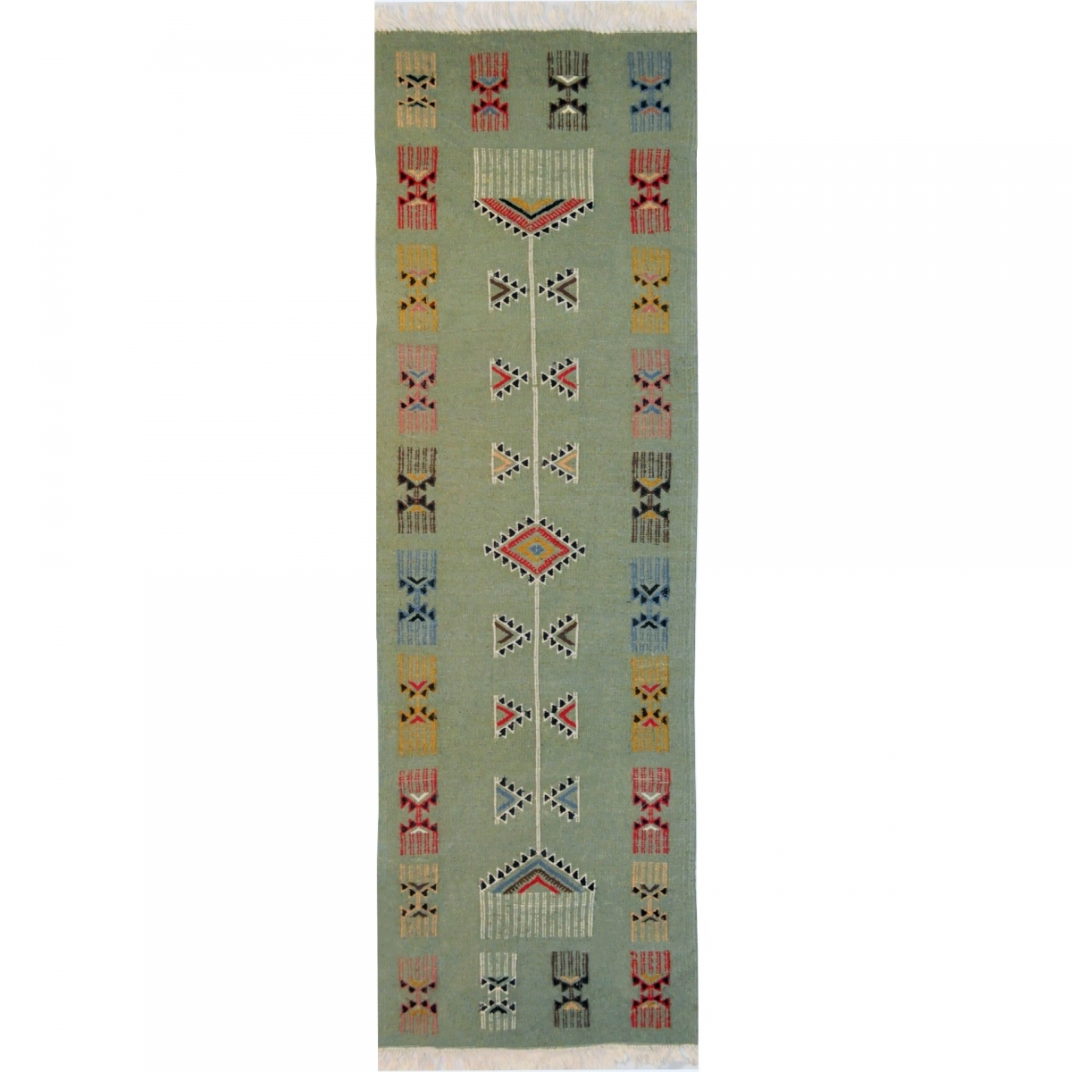 Tapis berbère Tapis Kilim long Zramdine 60x190 Vert/Multicolore (Tissé main, Laine) Tapis kilim tunisien style tapis marocain. T