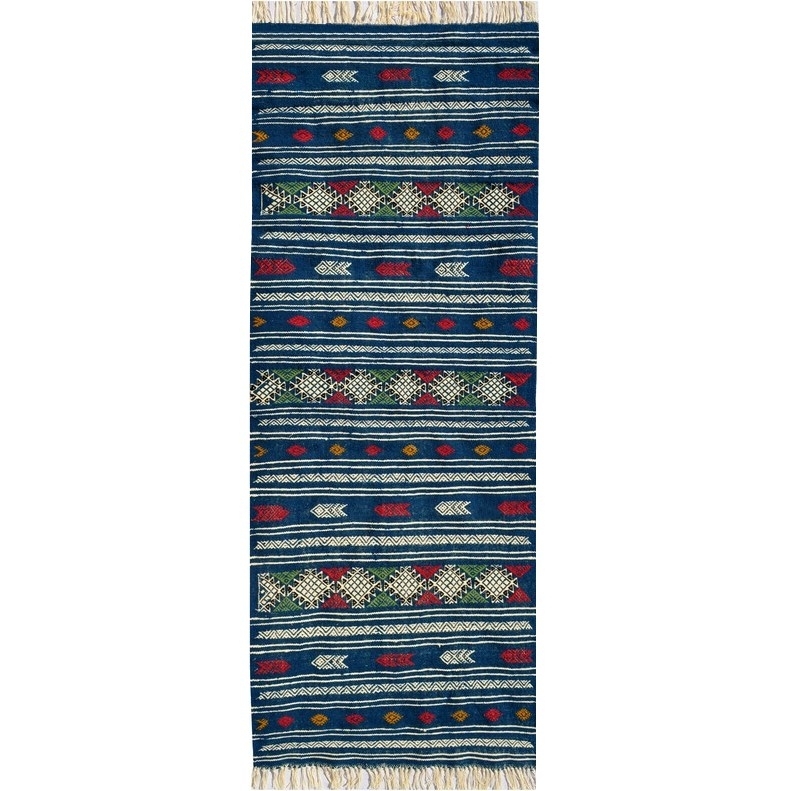 Berber Teppich Teppich Kelim lang Massoud 70x180 Blau (Handgewebt, Wolle, Tunesien) Tunesischer Kelim-Teppich im marokkanischen 