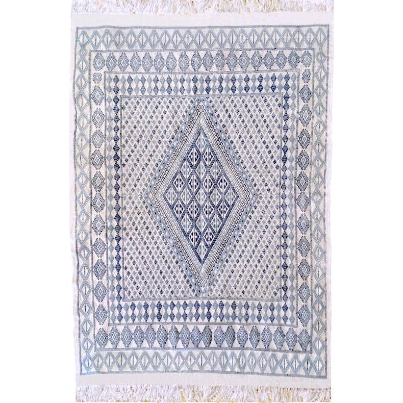 Tapete berbere Grande Tapete Margoum Chikly 163x242 Azul/Branco (Artesanal, Lã, Tunísia) Tapete Margoum tunisino da cidade de Ka