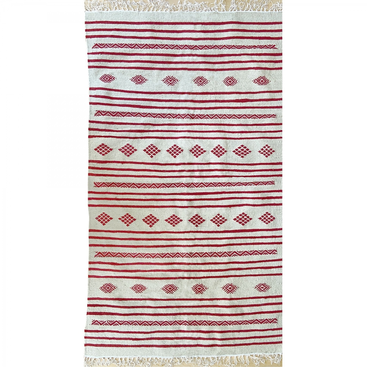 Berber carpet Rug Kilim Fartouna 110x198 White Red (Handmade, Wool, Tunisia) Tunisian Rug Kilim style Moroccan rug. Rectangular 