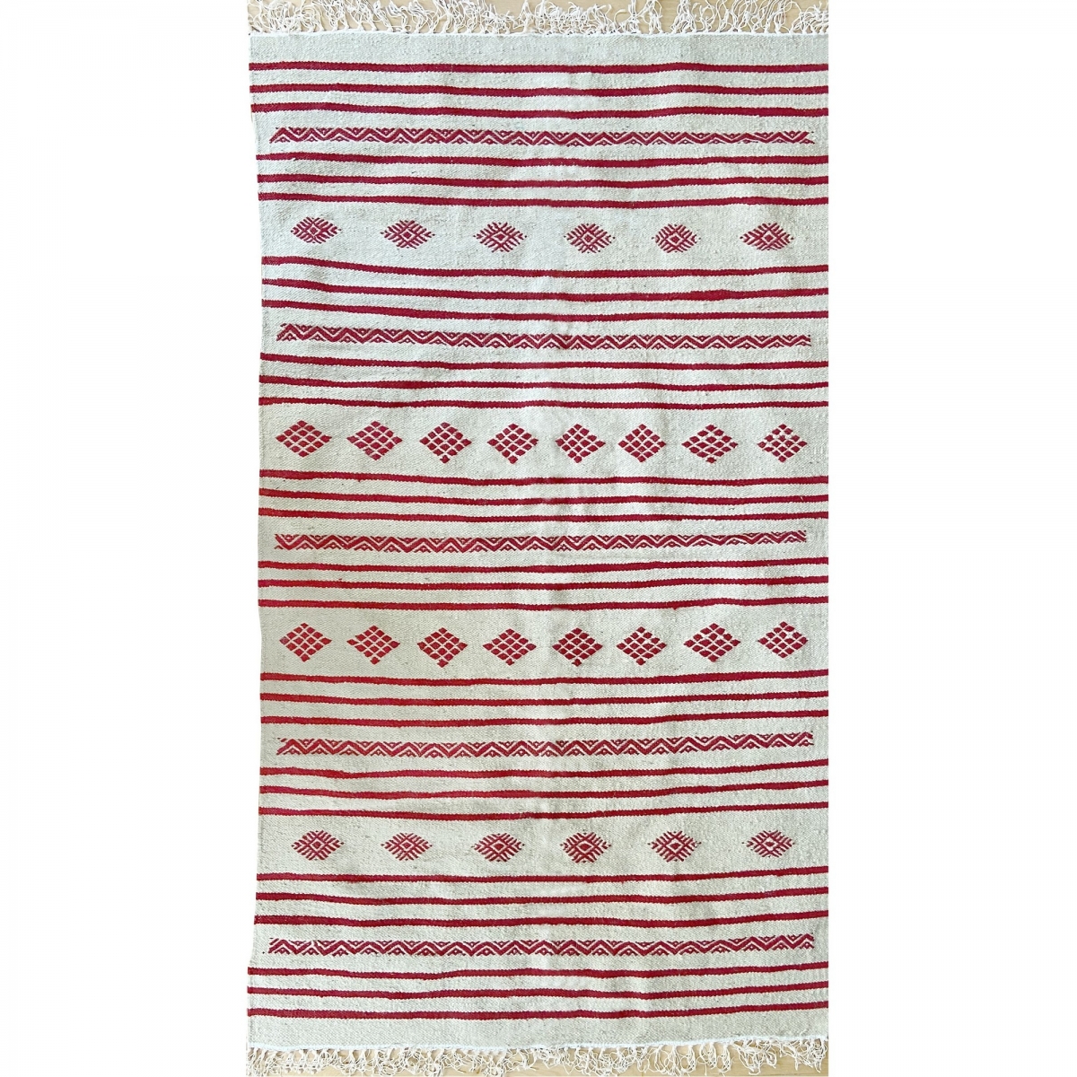 Tapete berbere Tapete Kilim Fartouna 110x198 Branco Vermelho (Tecidos à mão, Lã, Tunísia) Tapete tunisiano kilim, estilo marroqu