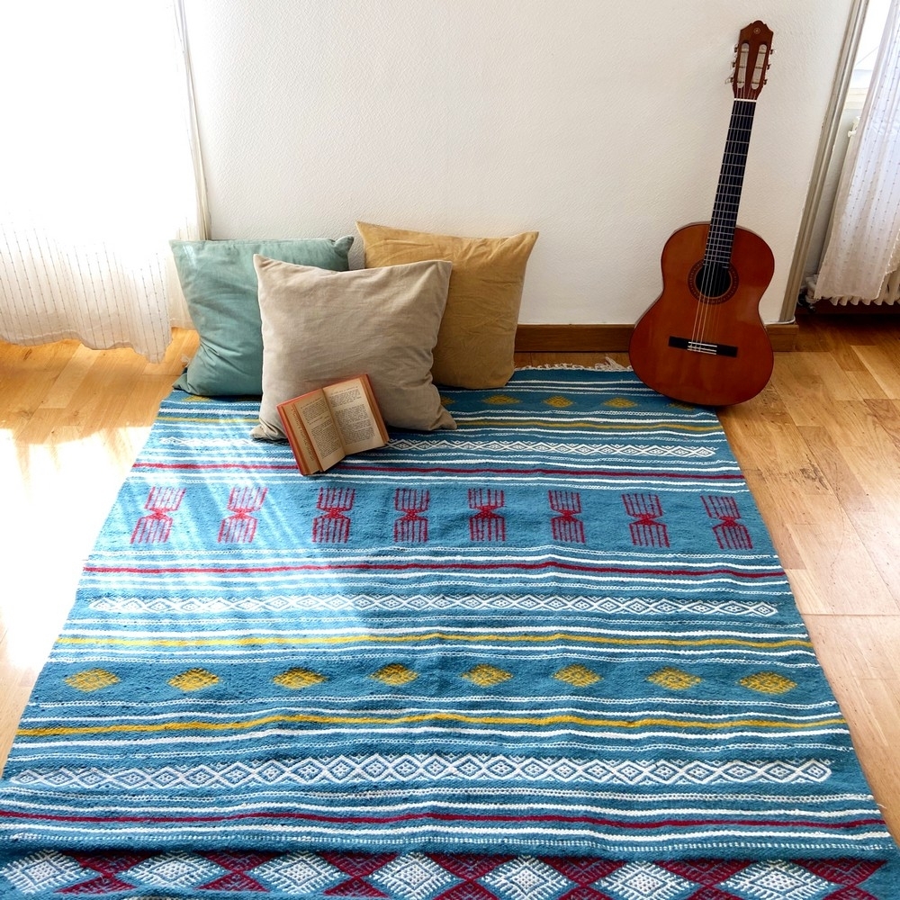 Berber carpet Rug Kilim Oued Zitoun 136x244 Blue turquoise/Yellow/Red (Handmade, Wool) Tunisian Rug Kilim style Moroccan rug. Re