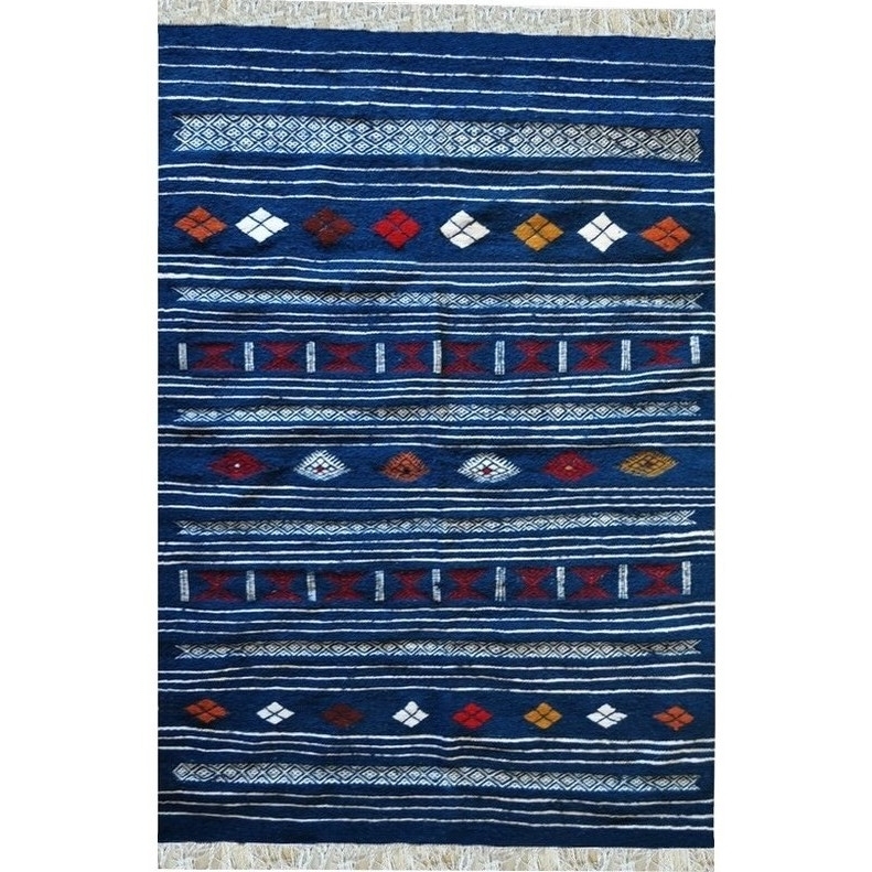 Tapis berbère Tapis Kilim Aljanoub 96x140 Bleu (Tissé main, Laine, Tunisie) Tapis kilim tunisien style tapis marocain. Tapis rec