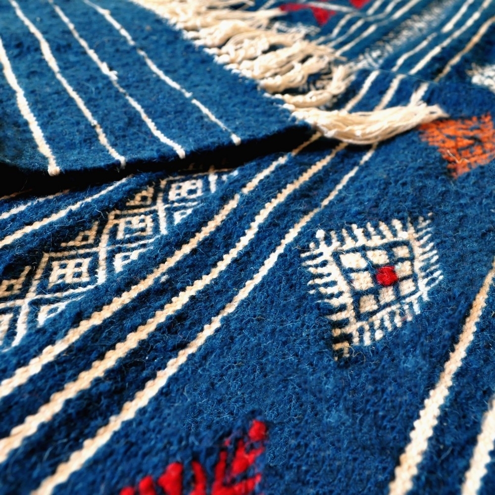 Berber Teppich Teppich Kelim Aljanoub 96x140 Blau (Handgewebt, Wolle, Tunesien) Tunesischer Kelim-Teppich im marokkanischen Stil
