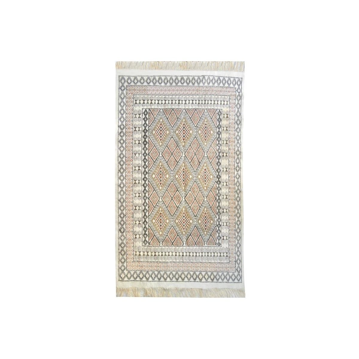 Berber carpet Large Rug Margoum Saouaf 155x240 White (Handmade, Wool, Tunisia) Tunisian margoum rug from the city of Kairouan. R