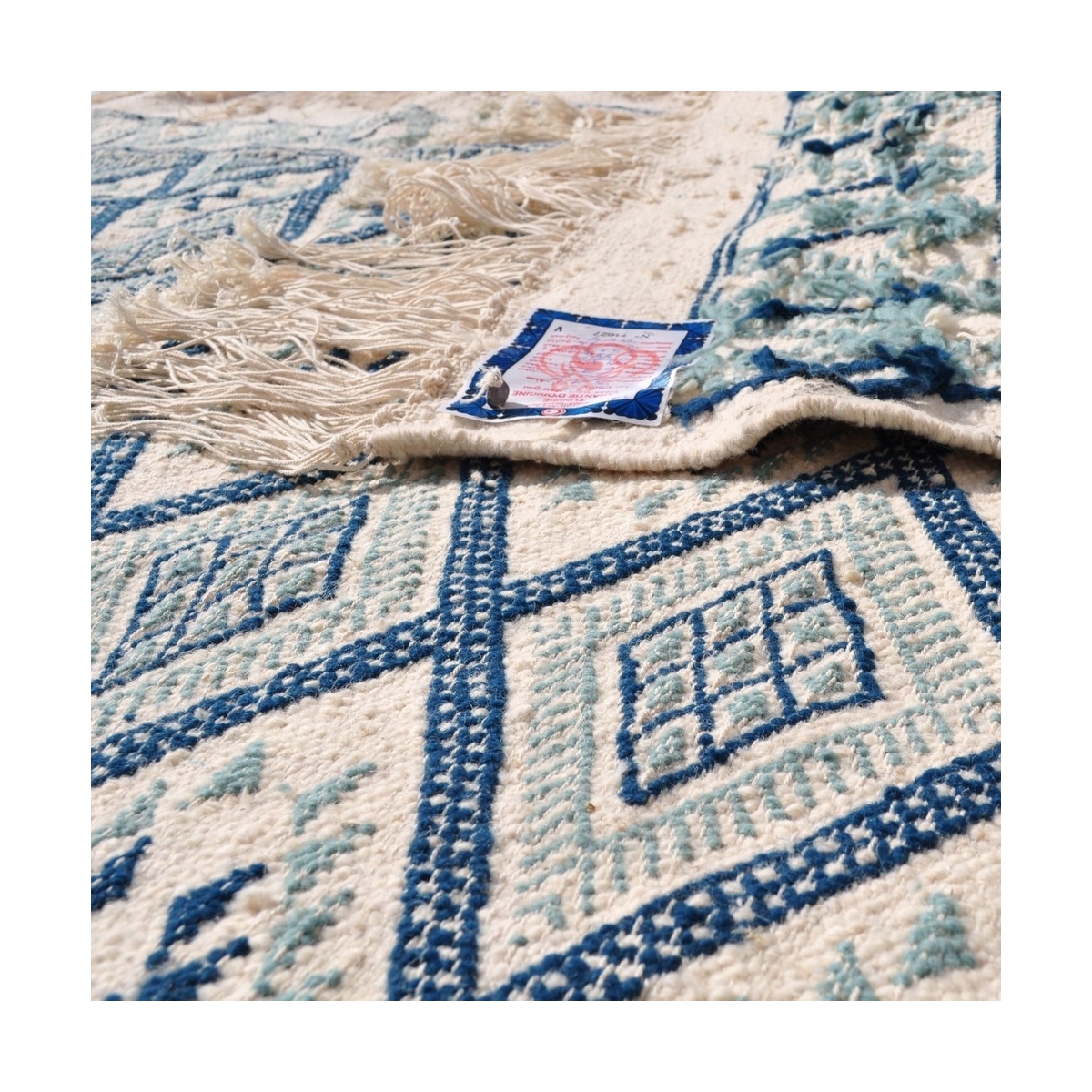 Tapete berbere Grande Tapete Margoum Thyna 196x314 Azul/Branco (Artesanal, Lã, Tunísia) Tapete Margoum tunisino da cidade de Kai
