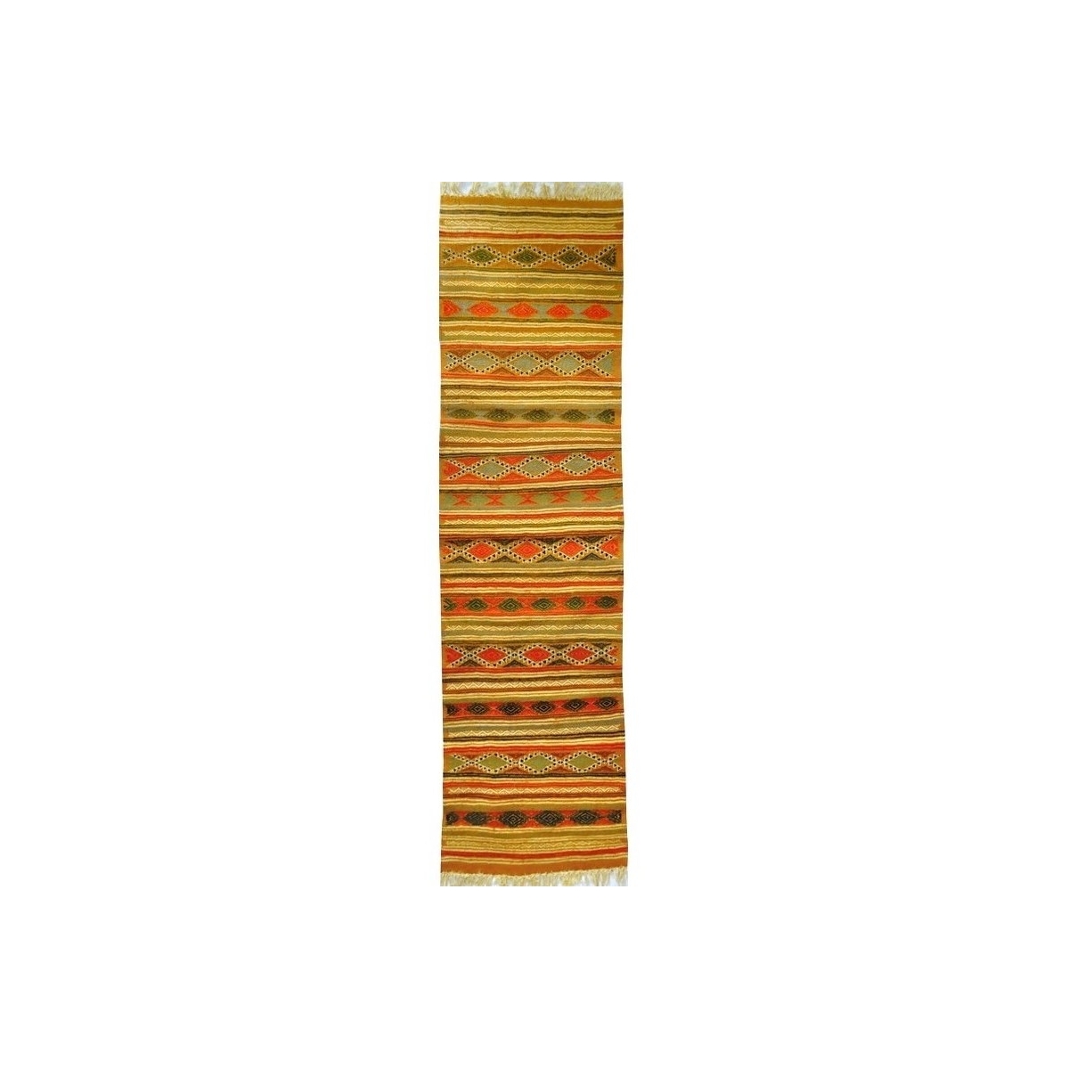 Berber Teppich Teppich Kelim lang Rabat 60x210 Gelb (Handgewebt, Wolle, Tunesien) Tunesischer Kelim-Teppich im marokkanischen St