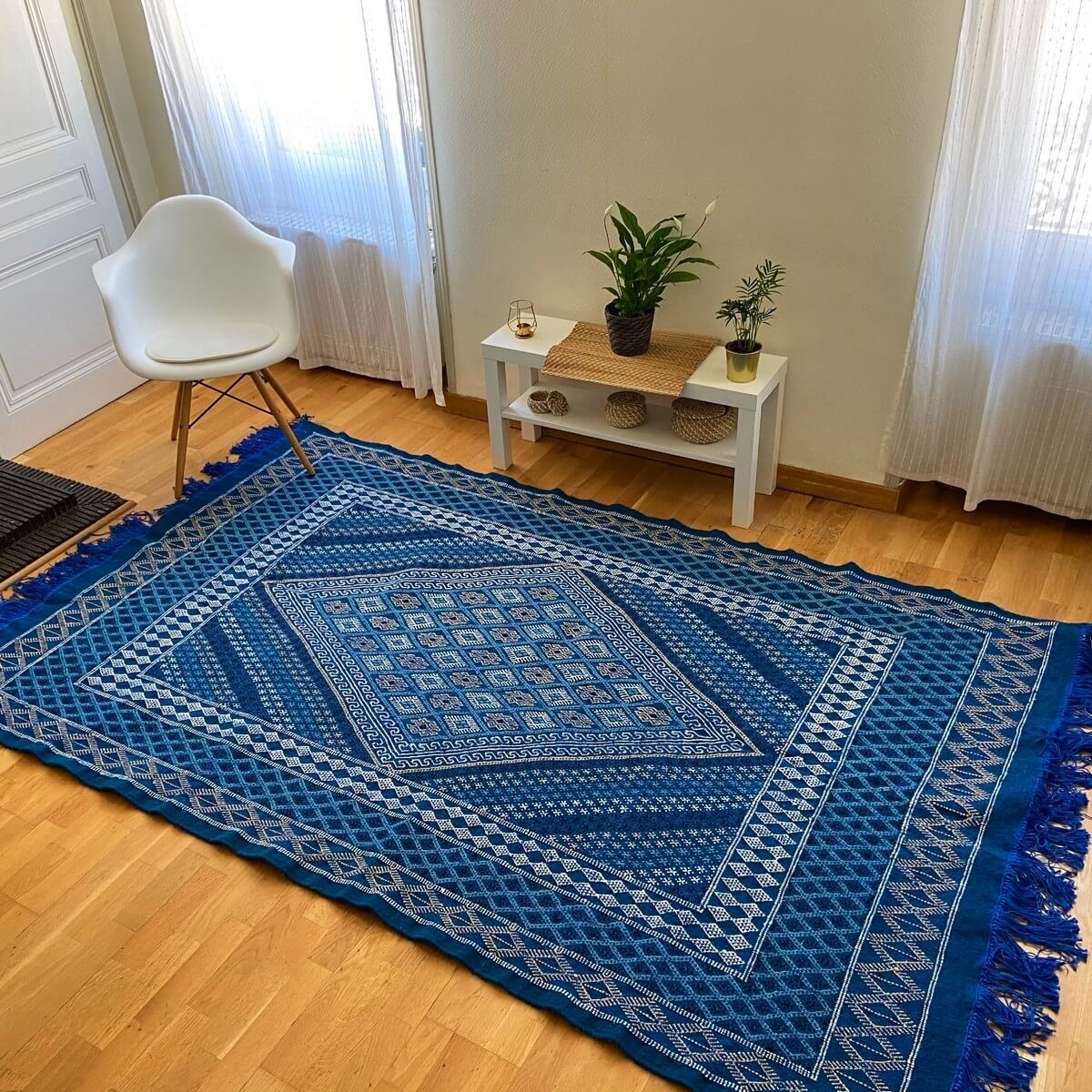 Teppich Margoum Nidhal 120x180 Blau/Weiß (Handgefertigt, Wolle, Tunesien)