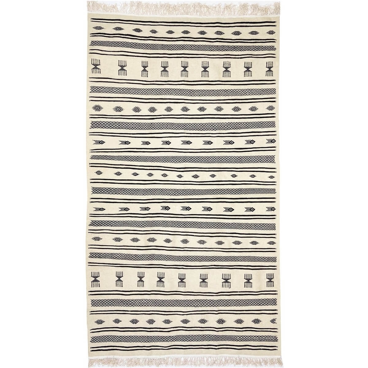 Tapis berbère Tapis Kilim Tizwa 138x255 cm Noir et Blanc (Tissé main, Laine, Tunisie) Tapis kilim tunisien style tapis marocain.