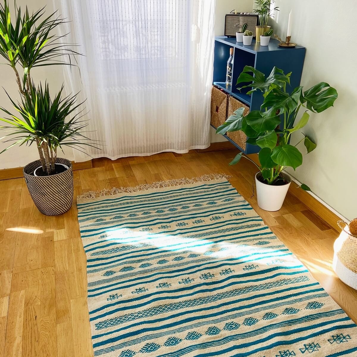 tappeto berbero Tappeto Kilim lungo Massoud 70x180 Beige Blu (Fatto a mano, Lana, Tunisia) Tappeto kilim tunisino, in stile maro