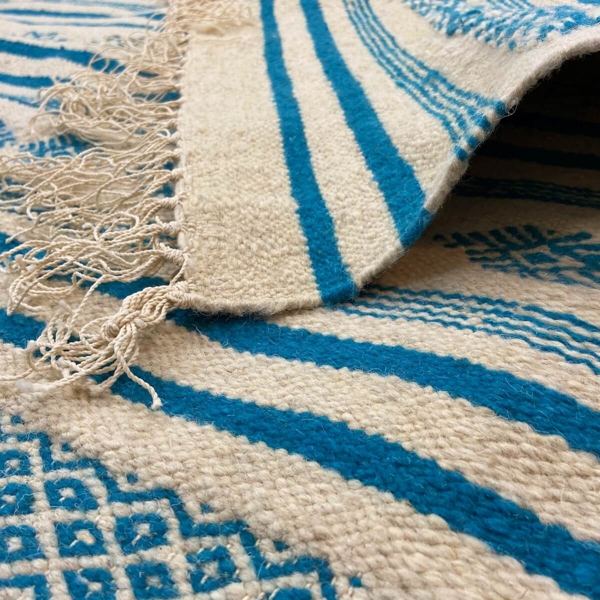 tappeto berbero Tappeto Kilim lungo Massoud 70x180 Beige Blu (Fatto a mano, Lana, Tunisia) Tappeto kilim tunisino, in stile maro