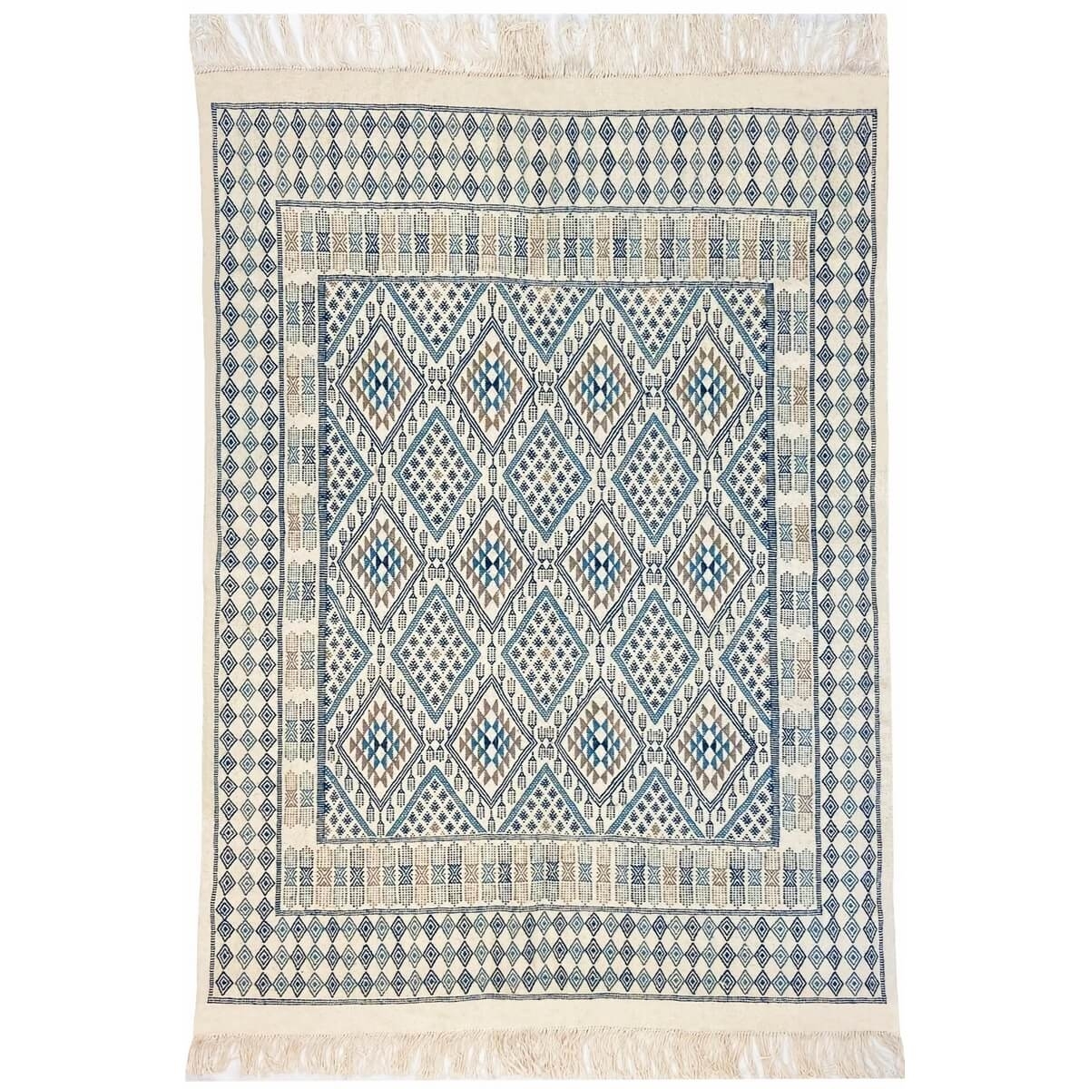 Tapis berbère Tapis Margoum Louz 171x252 Blanc/Bleu (Fait main, Laine, Tunisie) Tapis margoum tunisien de la ville de Kairouan. 