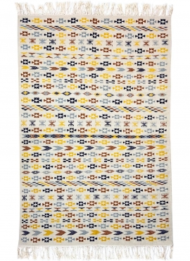 tappeto berbero Tappeto Kilim 125x190 cm Bianco Giallo Blu Marrone | Fatto a mano, Lana, Tunisia Tappeto kilim tunisino, in stil