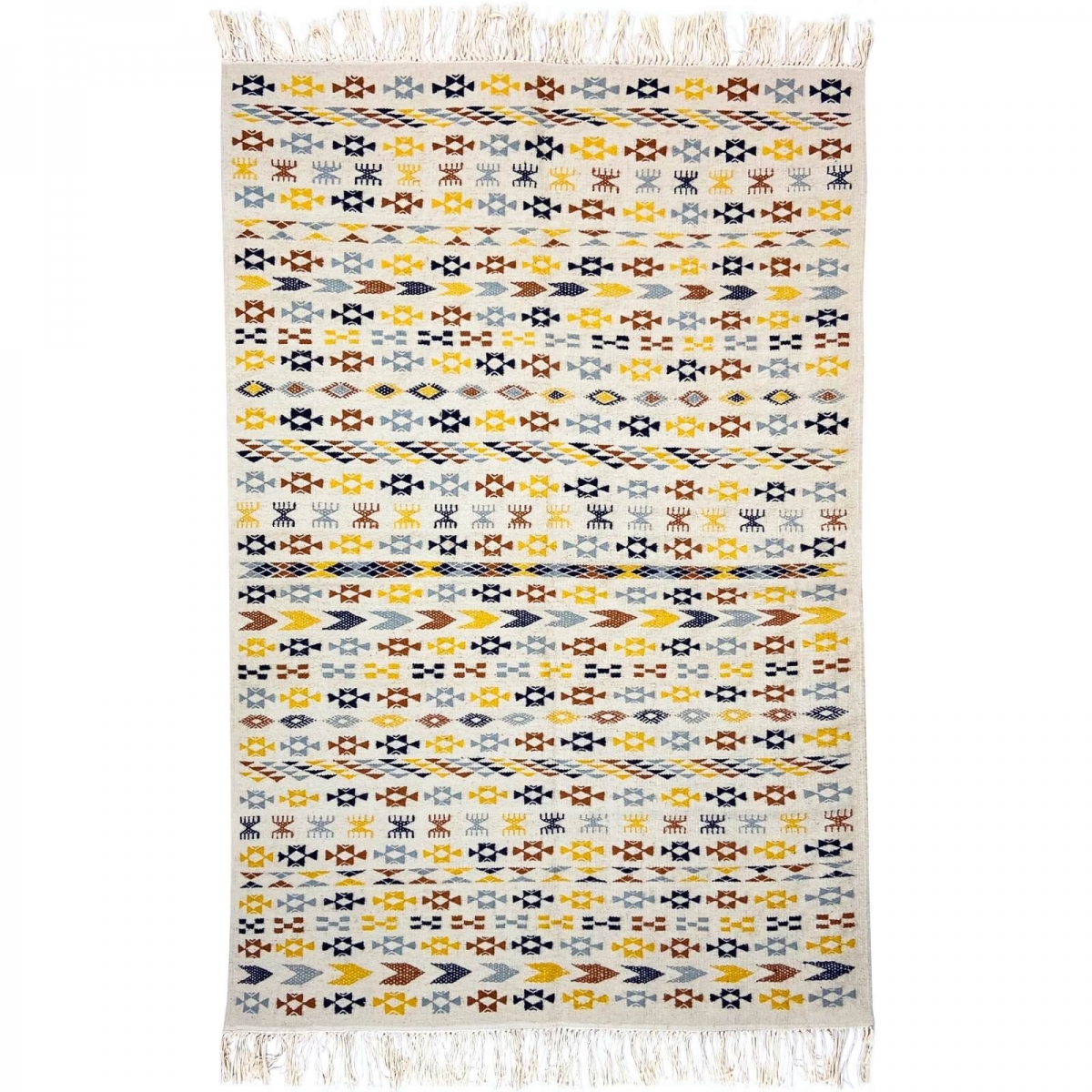 Alfombra bereber Alfombra Kilim 125x190 cm Blanco Amarillo Azul Marrón | Hecho a mano, Lana, Túnez Alfombra kilim tunecina, esti