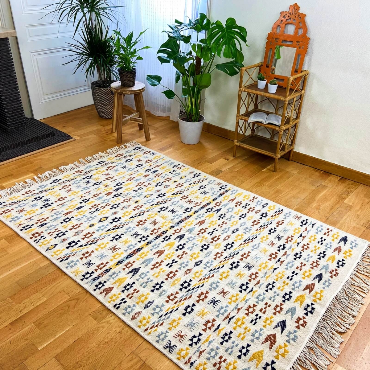 Tapete berbere Tapete Kilim 125x190 cm Branco Amarelo Azul Marrom | Tecidos à mão, Lã, Tunísia Tapete tunisiano kilim, estilo ma