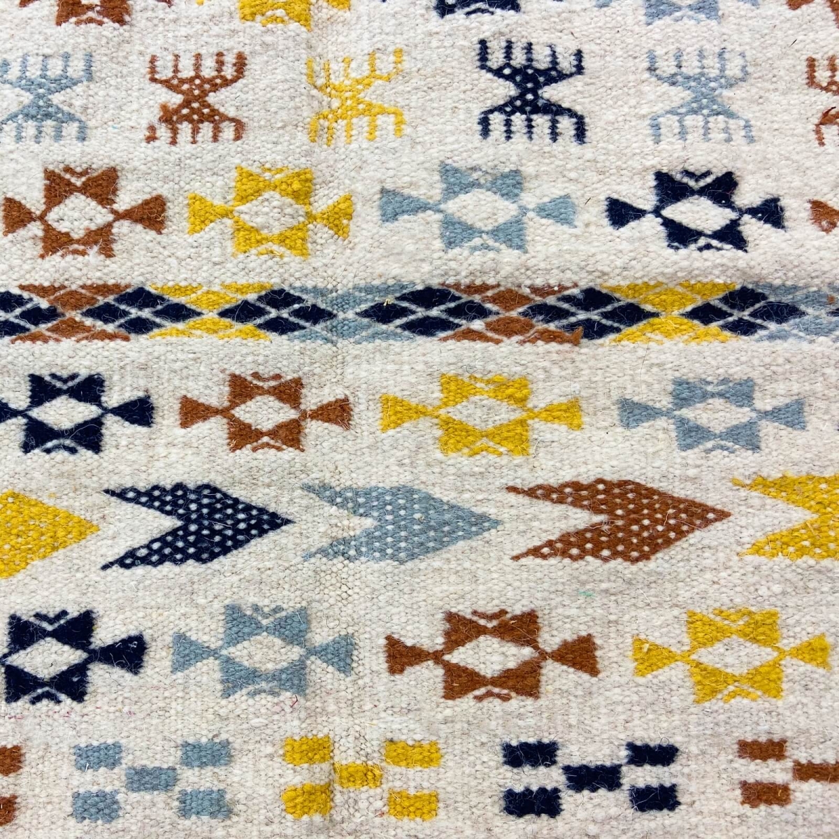 Alfombra bereber Alfombra Kilim 125x190 cm Blanco Amarillo Azul Marrón | Hecho a mano, Lana, Túnez Alfombra kilim tunecina, esti