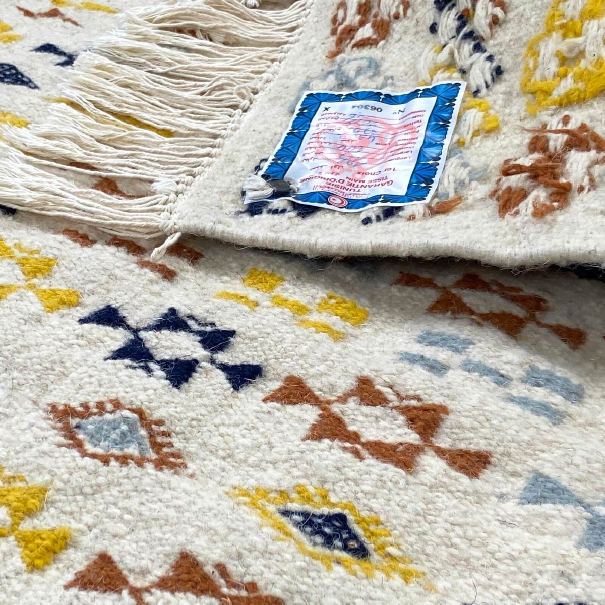 Alfombra bereber Alfombra Kilim 125x190 cm Blanco Amarillo Azul Marrón | Hecho a mano, Lana, Túnez Alfombra kilim tunecina, esti