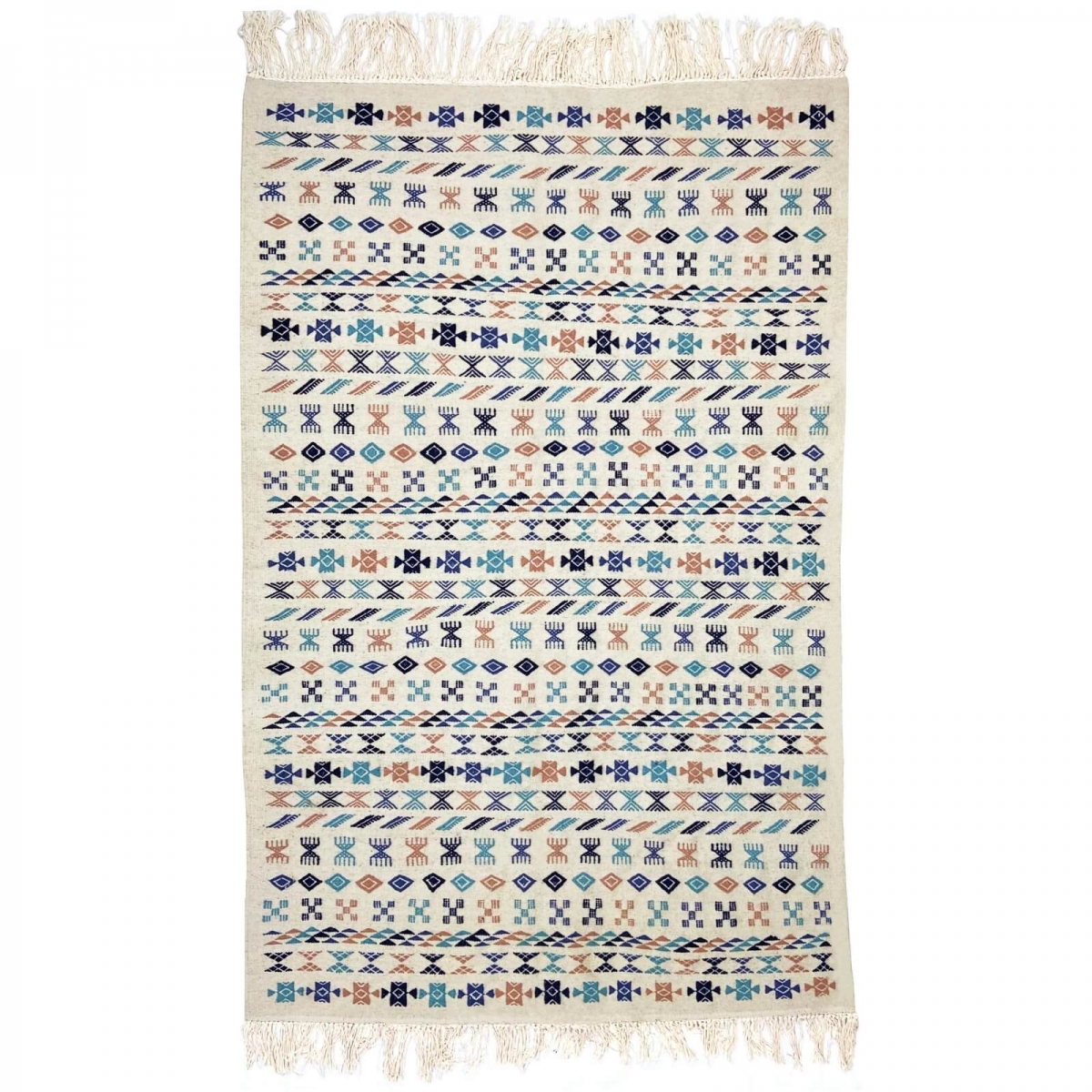 Berber tapijt Vloerkleed Kilim 135x205 cm Wit Blauw Bruin | Handgeweven, Wol, Tunesië Tunesisch kilimdeken, Marokkaanse stijl. R