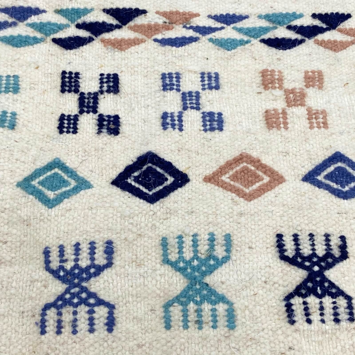 Berber tapijt Vloerkleed Kilim 135x205 cm Wit Blauw Bruin | Handgeweven, Wol, Tunesië Tunesisch kilimdeken, Marokkaanse stijl. R