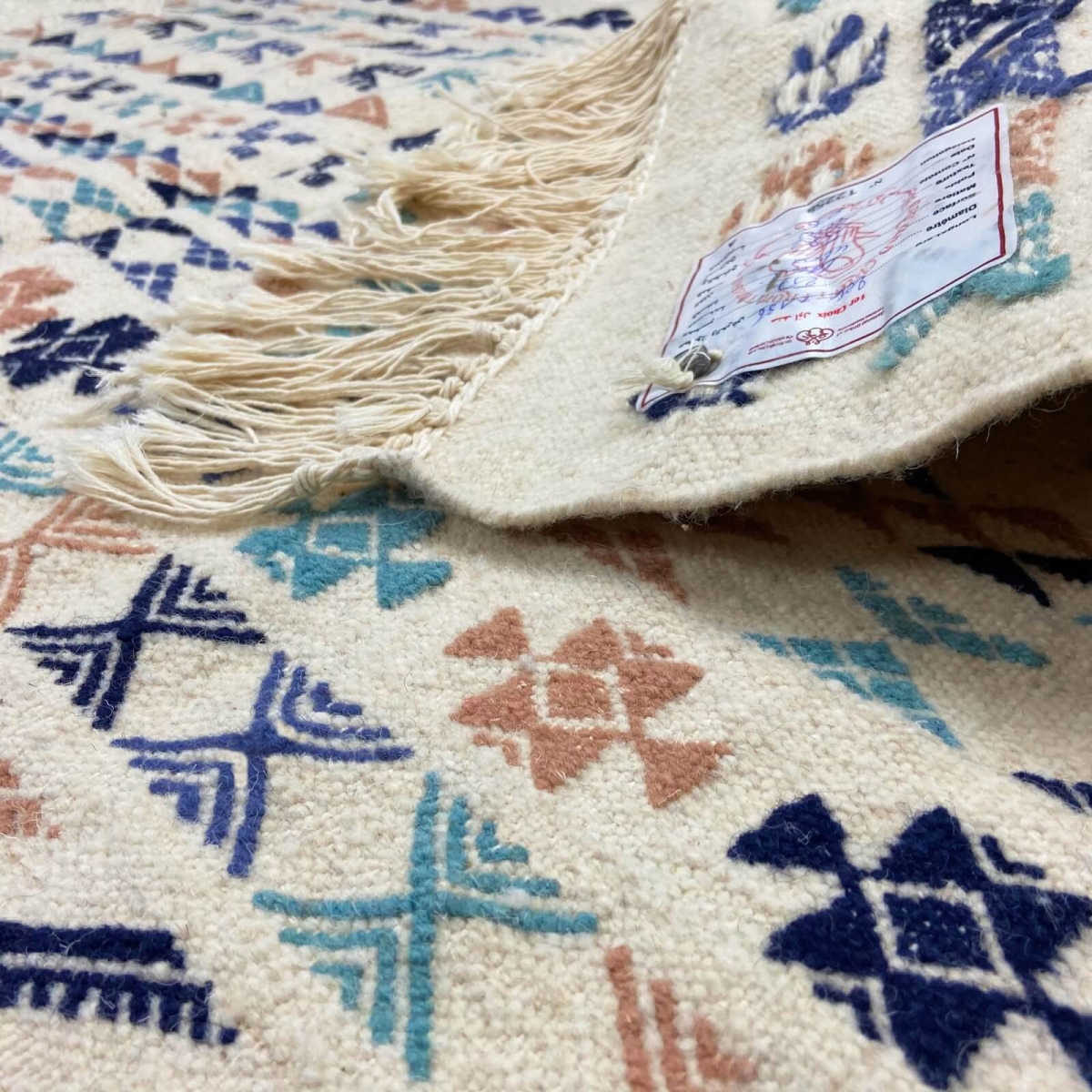 Berber tapijt Vloerkleed Kilim 135x205 cm Wit Blauw Bruin | Handgeweven, Wol, Tunesië Tunesisch kilimdeken, Marokkaanse stijl. R