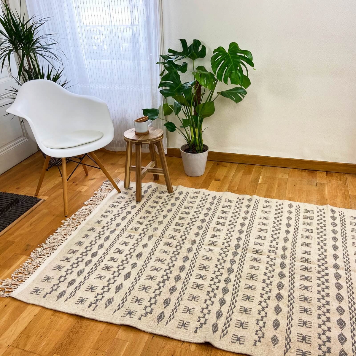 Alfombra bereber Alfombra Kilim Douja 121x200 Blanco Amarillo Gris (Hecho a mano, Lana, Túnez) Alfombra kilim tunecina, estilo m