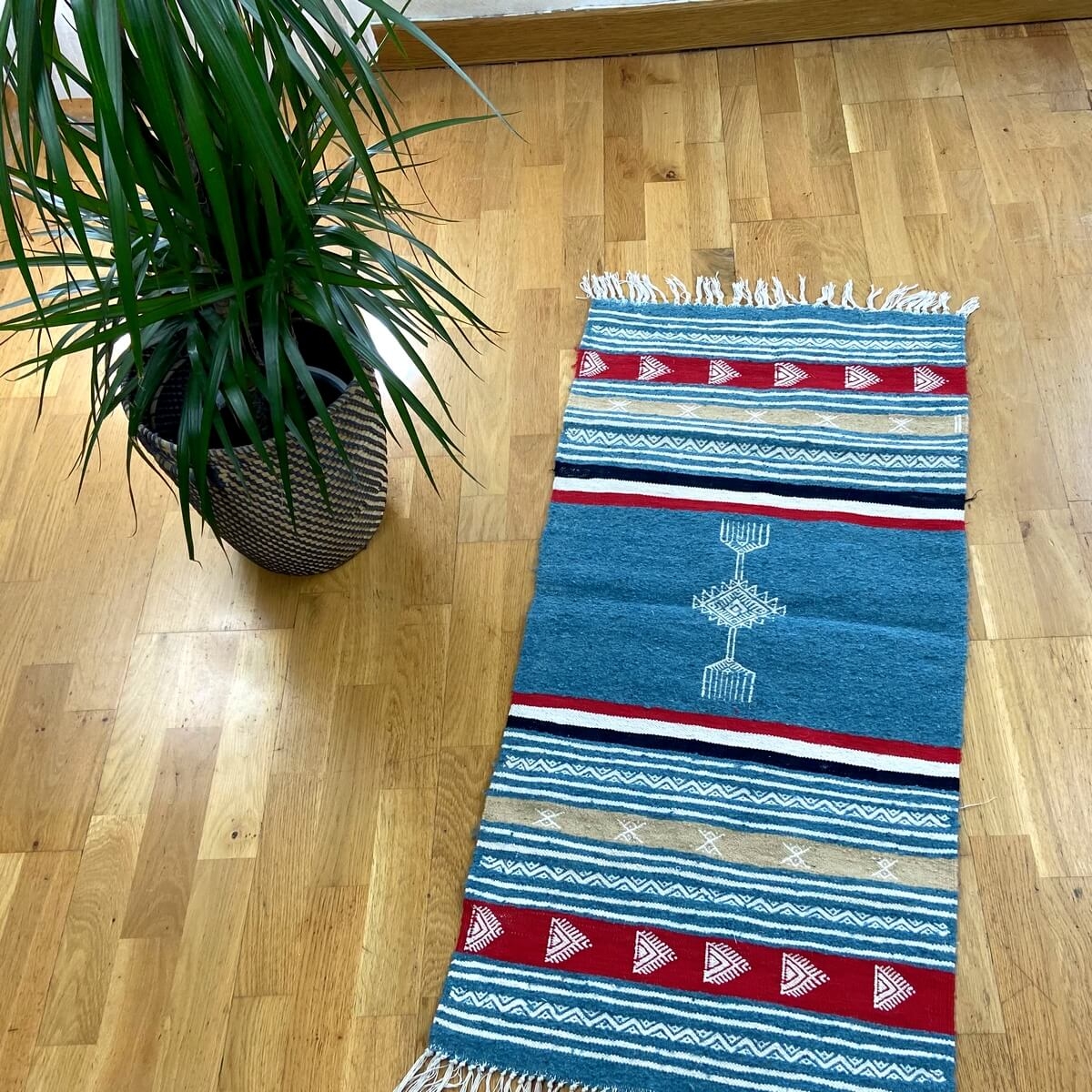 tappeto berbero Tappeto Kilim Ebeles 56x116 Turchese/Giallo/Rosso (Fatto a mano, Lana) Tappeto kilim tunisino, in stile marocchi