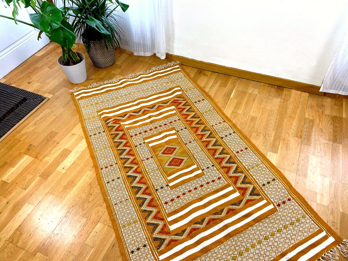 Berber carpet Rug Kilim Tegiza 112x200 Yellow/White (Handmade, Wool) Tunisian Rug Kilim style Moroccan rug. Rectangular carpet 1