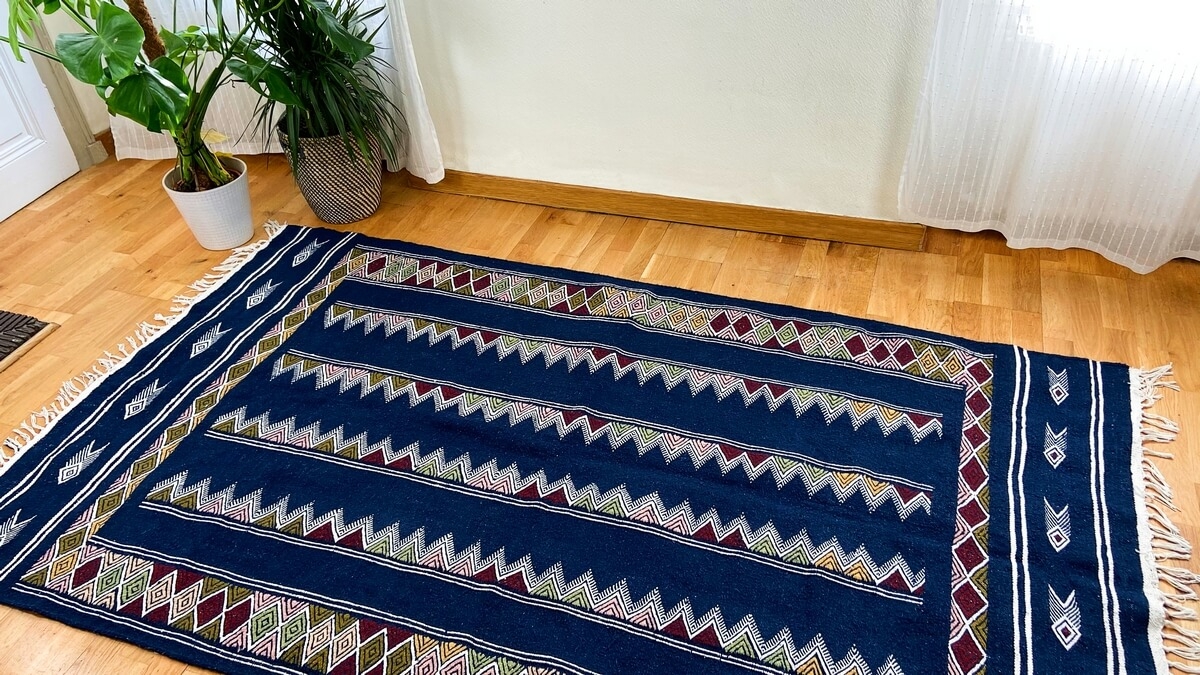 Berber Teppich Teppich Kelim Laarbi 135x235 Blau (Handgewebt, Wolle) Tunesischer Kelim-Teppich im marokkanischen Stil. Rechtecki