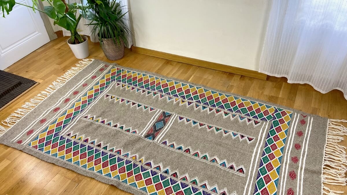 Berber carpet Rug Kilim Gayaya 132x250 Grey (Handmade, Wool) Tunisian Rug Kilim style Moroccan rug. Rectangular carpet 100% wool