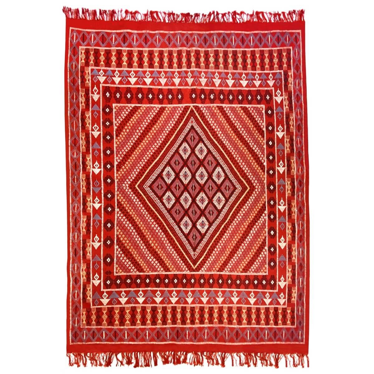Tapis berbère Grand Tapis Margoum Alula 200x297 Rouge (Fait main, Laine, Tunisie) Tapis margoum tunisien de la ville de Kairouan
