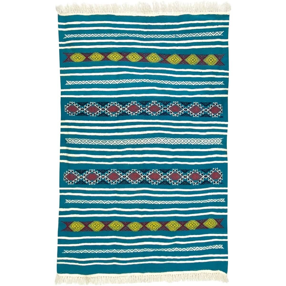 Berber tapijt Tapijt Kilim Emder 107x140 Turkoois/Jeel/Rood (Handgeweven, Wol, Tunesië) Tunesisch kilimdeken, Marokkaanse stijl.