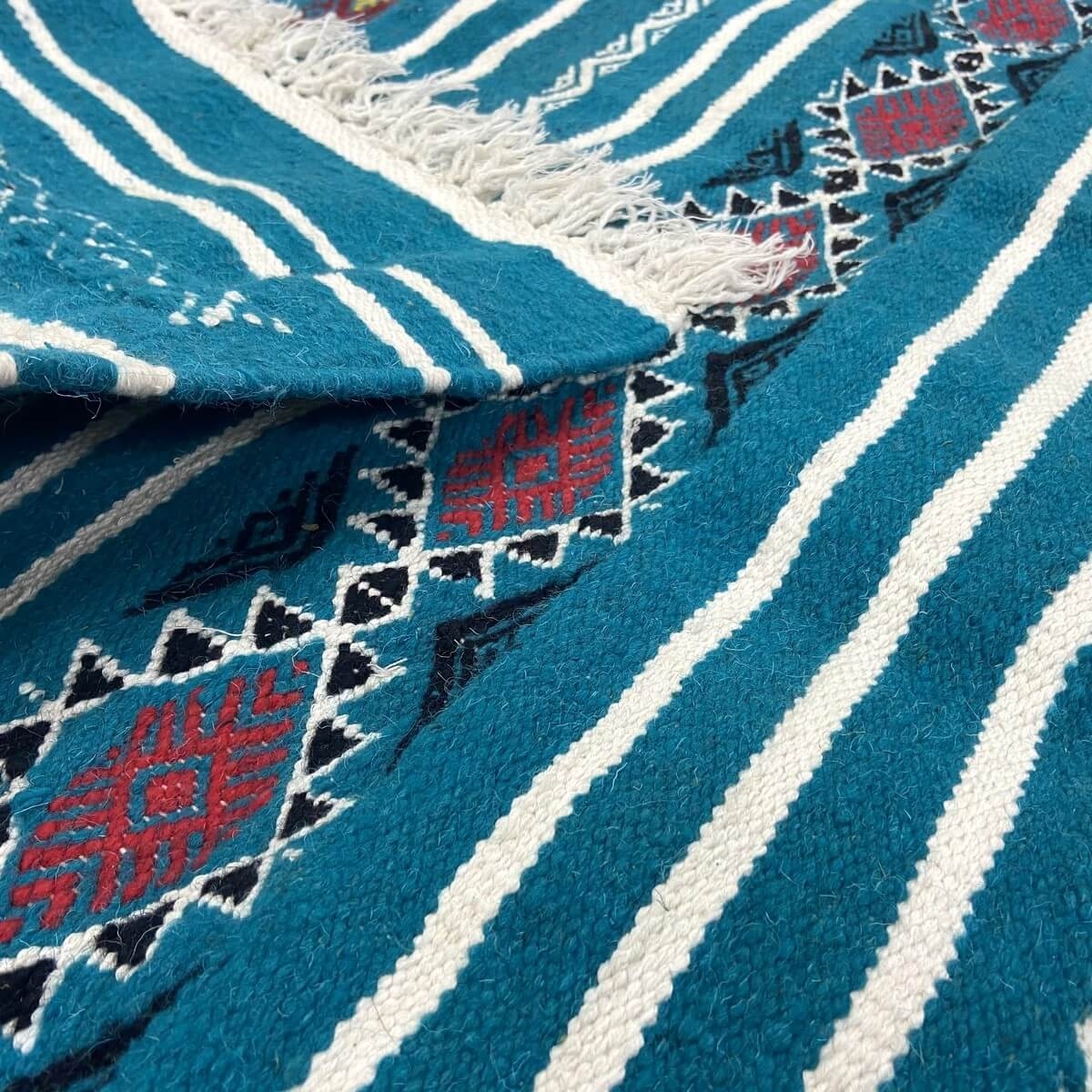 Berber tapijt Tapijt Kilim Emder 107x140 Turkoois/Jeel/Rood (Handgeweven, Wol, Tunesië) Tunesisch kilimdeken, Marokkaanse stijl.