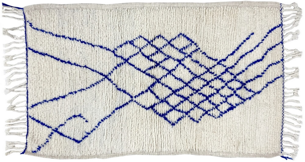Berber carpet Rug Beni Ouarain Ikerri 80x125 cm White and Blue (Handmade, Wool, Morocco) Tunisian margoum rug from the city of K