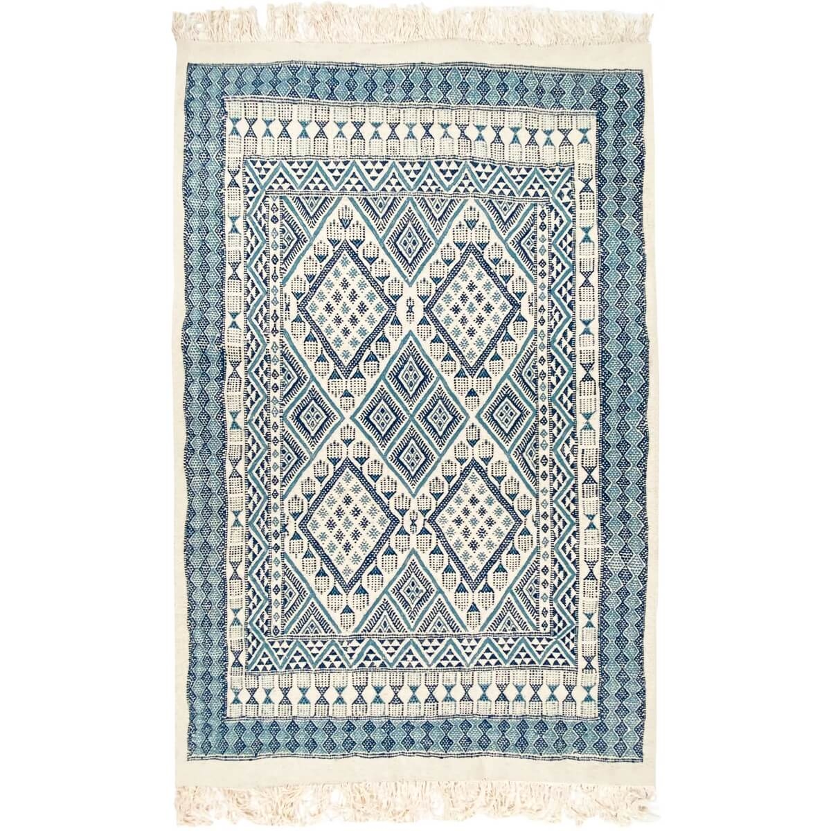 Alfombra bereber Alfombra Margoum Ghassa 125x195 Azul/Blanco (Hecho a mano, Lana, Túnez) Alfombra margoum tunecina de la ciudad 