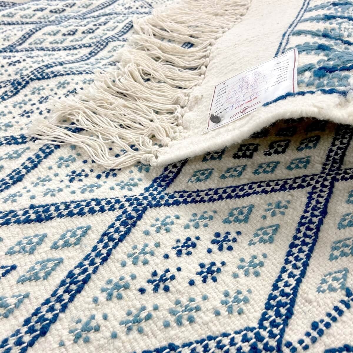 tappeto berbero Tappeto Margoum Ibarkou 155x250 Blu/Bianco (Fatto a mano, Lana, Tunisia) Tappeto margoum tunisino della città di