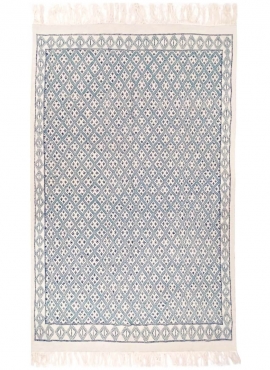 Tapete berbere Tapete Margoum Ibarkou 155x250 Azul/Branco (Artesanal, Lã, Tunísia) Tapete Margoum tunisino da cidade de Kairouan