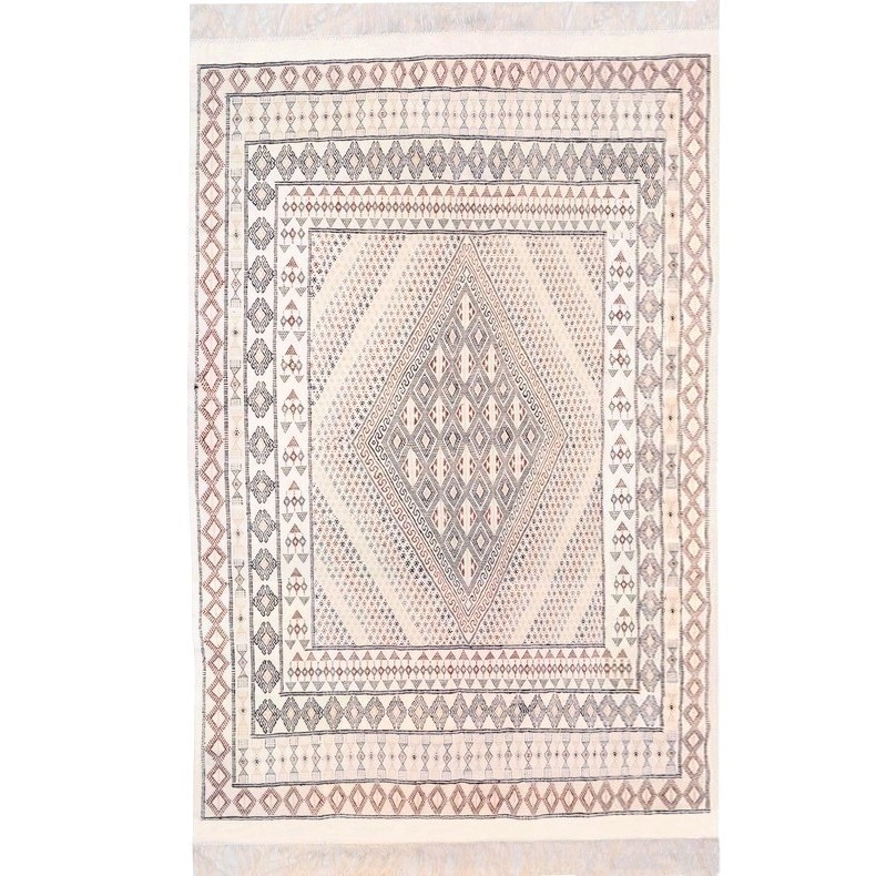 Tapete berbere Grande Tapete Margoum Zarbia 205x300 Branco (Artesanal, Lã, Tunísia) Tapete Margoum tunisino da cidade de Kairoua