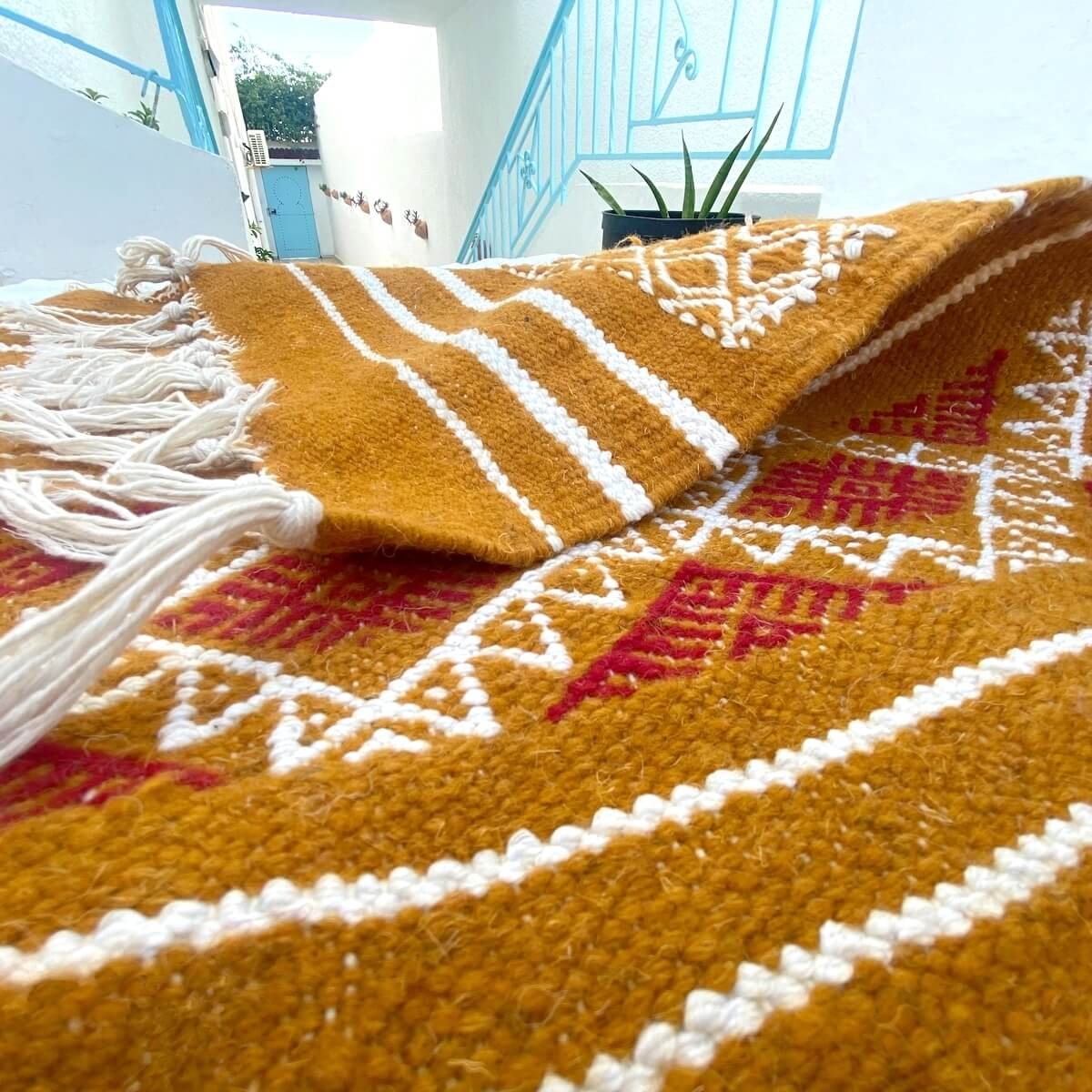 Berber carpet Rug Kilim Safraoui 140x230 Yellow/White (Handmade, Wool) Tunisian Rug Kilim style Moroccan rug. Rectangular carpet