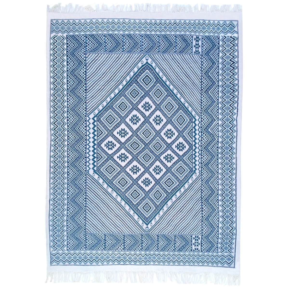 tappeto berbero Grande Tappeto Margoum Malih 210x300 Blu/Bianco (Fatto a mano, Lana, Tunisia) Tappeto margoum tunisino della cit