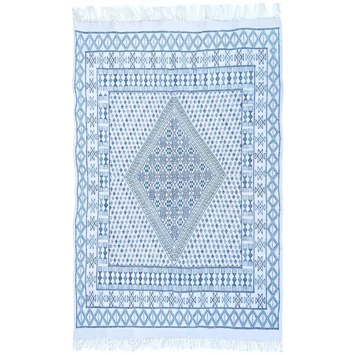 Tapis berbère Grand Tapis Margoum Timouma 170x250 Bleu Blanc (Fait main, Laine, Tunisie) Tapis margoum tunisien de la ville de K