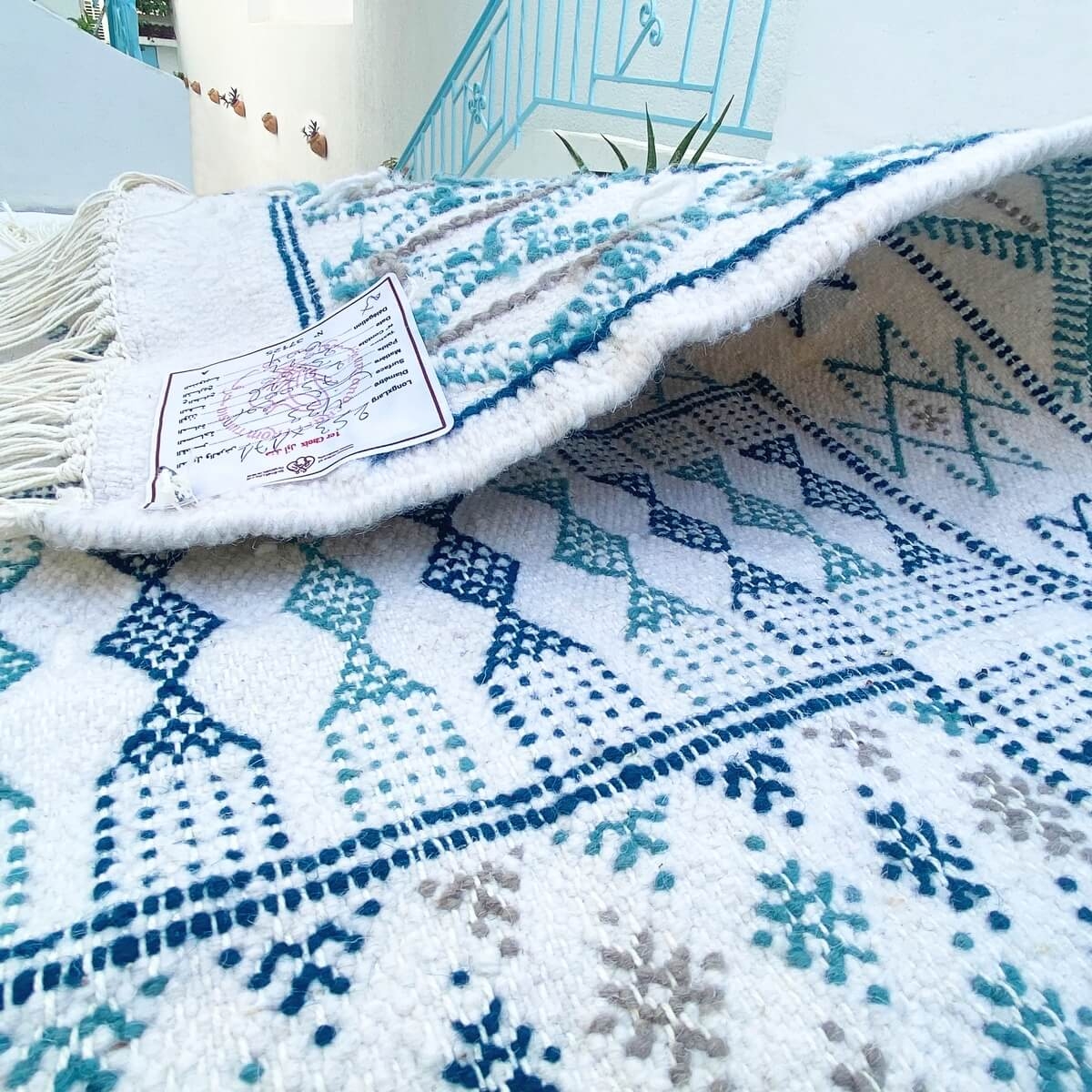 Tapete berbere Grande Tapete Margoum Timouma 170x250 Azul/Branco (Artesanal, Lã, Tunísia) Tapete Margoum tunisino da cidade de K