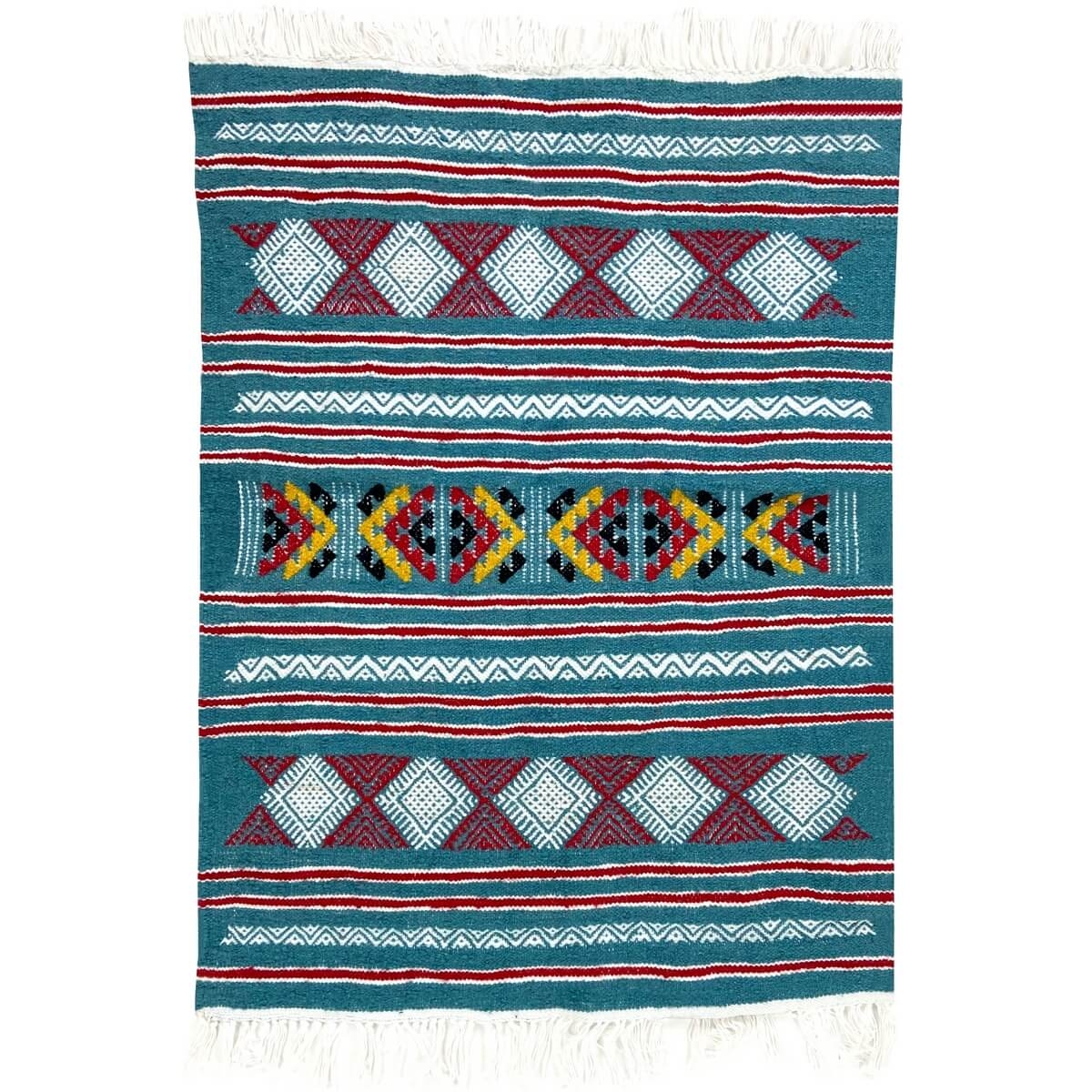 Berber tapijt Tapijt Kilim Taziri 72x100 Turkoois/Jeel/Rood (Handgeweven, Wol, Tunesië) Tunesisch kilimdeken, Marokkaanse stijl.