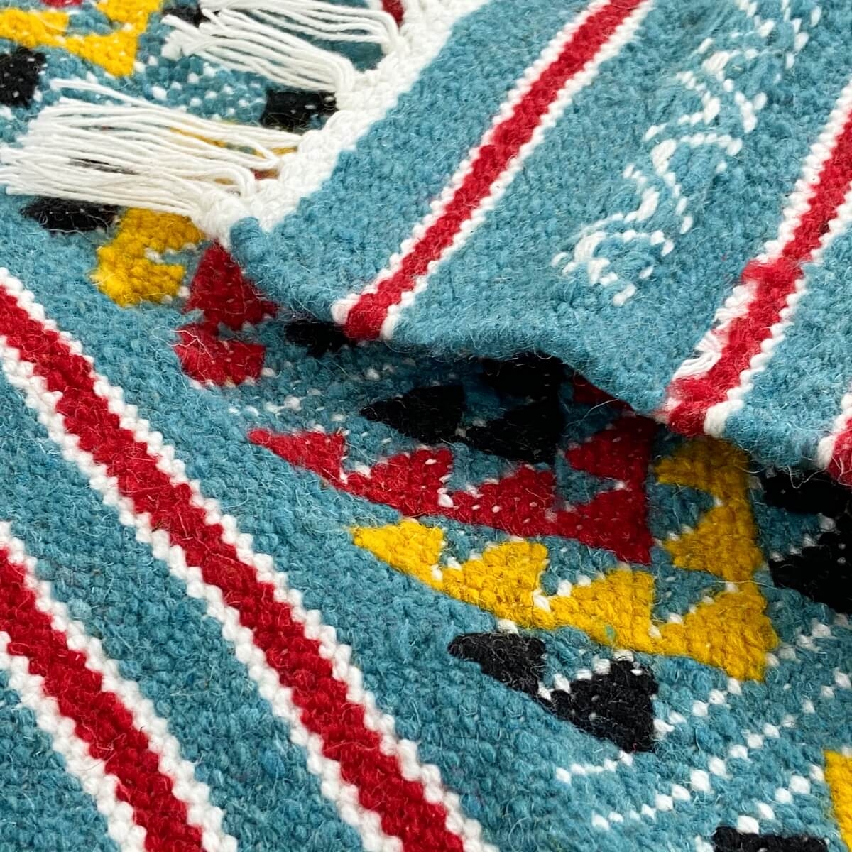 Berber tapijt Tapijt Kilim Taziri 72x100 Turkoois/Jeel/Rood (Handgeweven, Wol, Tunesië) Tunesisch kilimdeken, Marokkaanse stijl.