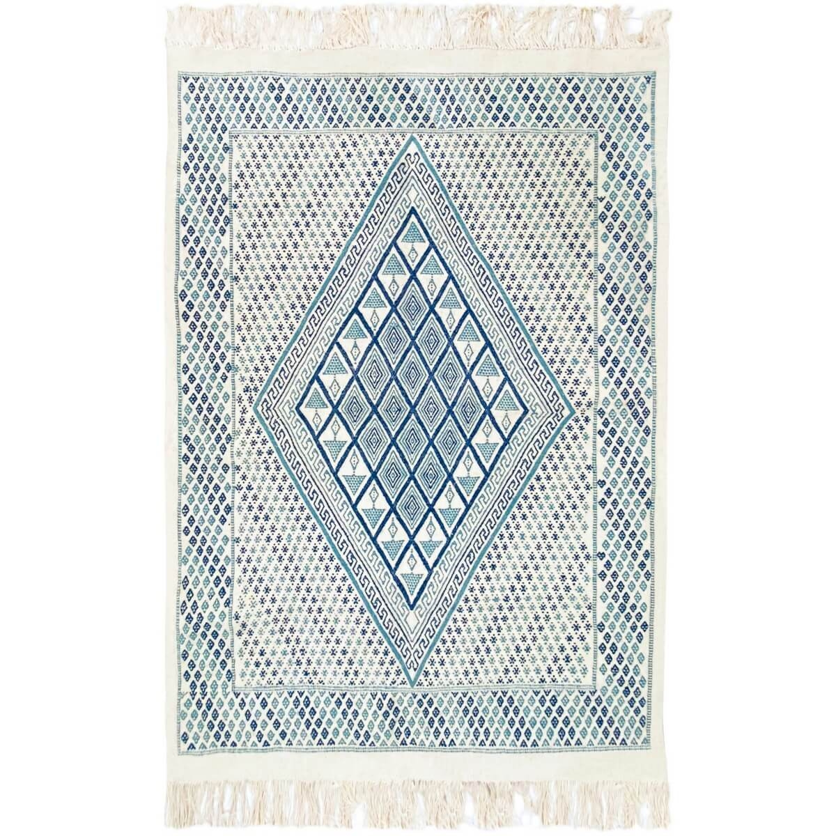 Berber carpet Rug Margoum Maje 125x185 White/Blue (Handmade, Wool, Tunisia) Tunisian margoum rug from the city of Kairouan. Rect